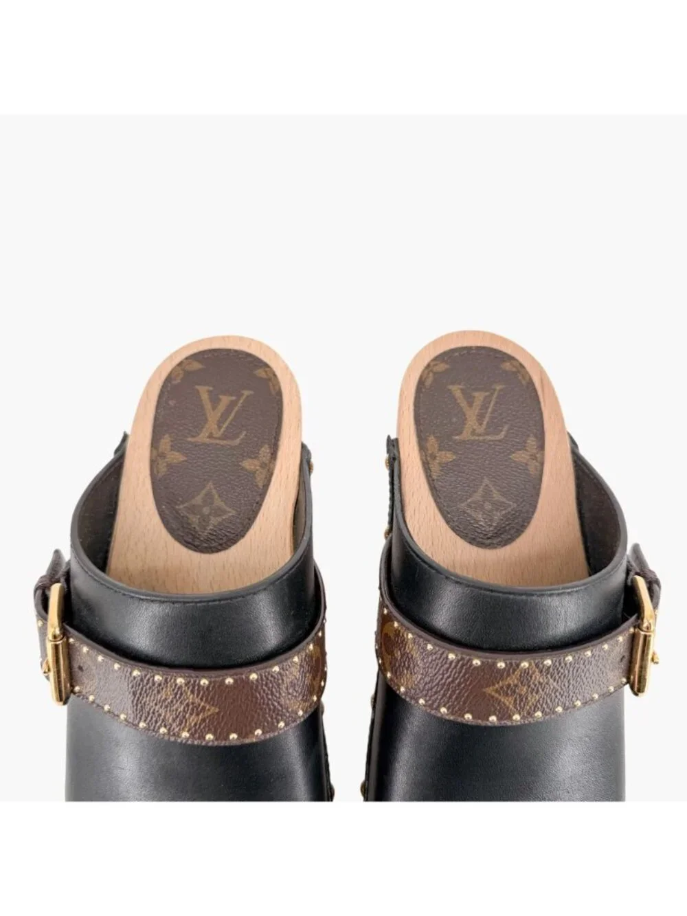 Louis Vuitton LV Cottage Mule Clogs Black Leather Size 39 US 9 Women's Wooden
